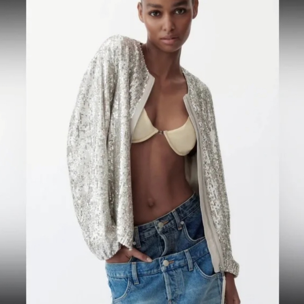 Zara Jacket Women's M Cream Gold Sequins Bomber Bloggers Favorite Metal New $150
